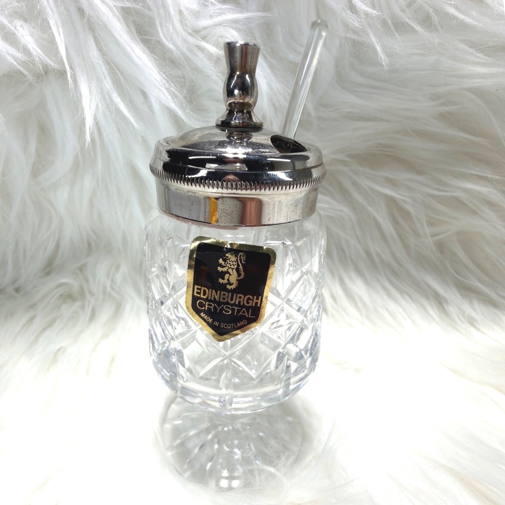 Edinburgh Crystal Jam Jar Preserve Pot w/ Silverplate Lid & Glass Spoon Scotland